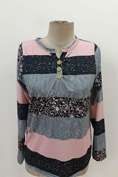 Mossta Buttoned Block Patterned Single Jersey Blouse - Pink