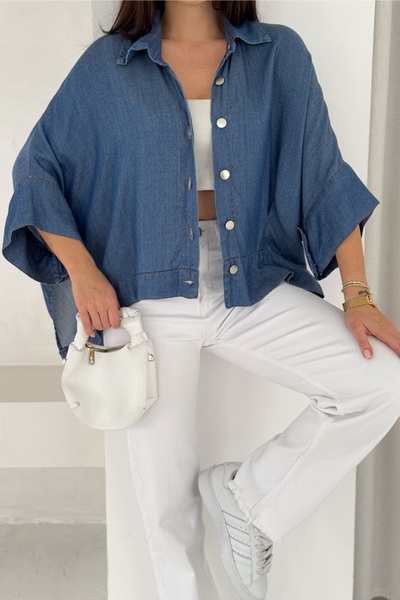 FEMELLE Women's Navy Blue Oversized Standard Size Denim Jeans Poncho Shirt