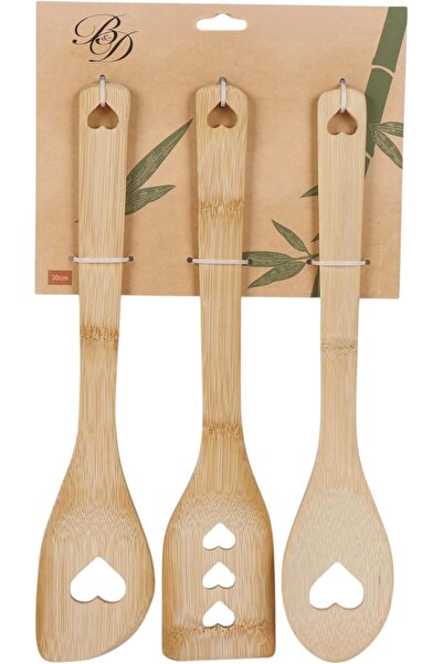 B&D 3-Piece Bamboo Kitchen Utensils Set, Heart-Shaped Design, 30cm Length, Natural Wood Cooking Spoo