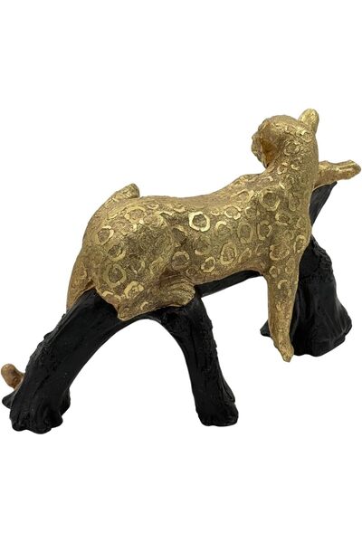 B&D Decorative Golden Leopard-Pattern Statue, Antique Metal on Black Stand, Handcrafted
