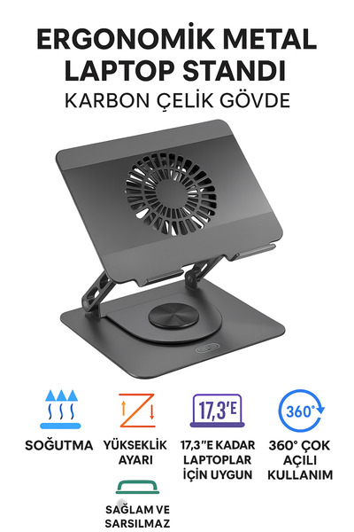 qasul Katlanabilir Metal Laptop Standı 360 Döner Taban Dahili Fan Ayarlanabil...
