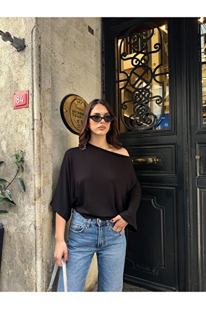 BEJNA Women's Batwing Sleeve Off Shoulder Modal Textured Blouse