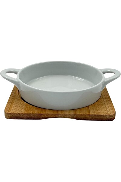 B&D White Ceramic Round Serving & Baking Dish with Double Handles and Bamboo Base (banddtools)