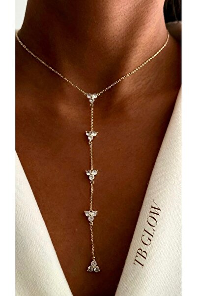 Store VIP Seri | Gold Yonca/Trifoli Zirkon Taşlı Özel Y (Lariat) Kolye