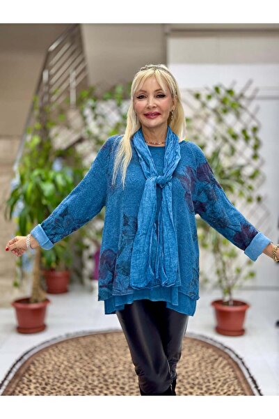 Punta Otantik Yg10507 Italian Scarf Sweater Turquoise