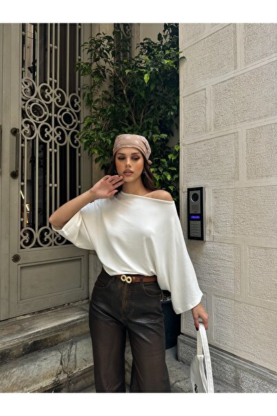 BEJNA Women's Batwing Sleeve Off Shoulder Modal Textured Blouse