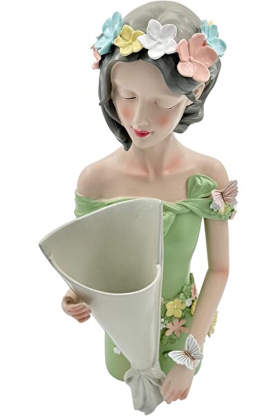B&D Decorative Ceramic Statue, Vintage Holiday Collectible, Green Dress with Butterflies & Flowers,