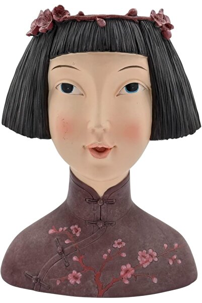 B&D Asian Inspired Decorative Resin Planter with Cherry Blossom, Black Bob Head Flower Pot