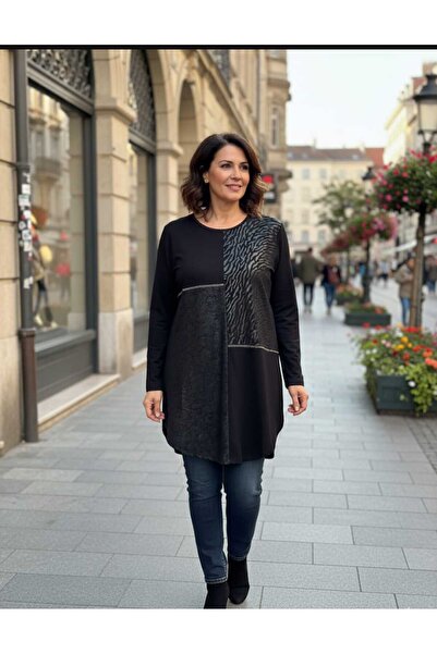 papilla Güncüoğlu Long Sleeve Tunic with Leather Detail on the Front and Oval Cut on the Bottom, Made of Combed Cotton