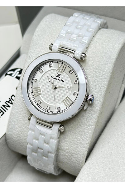 Daniel Klein Orijinal 2 Yıl Garantili Su Geçirmez Beyaz Seramik Kordon Gümüş Kasa Kadın Kol Saati IL