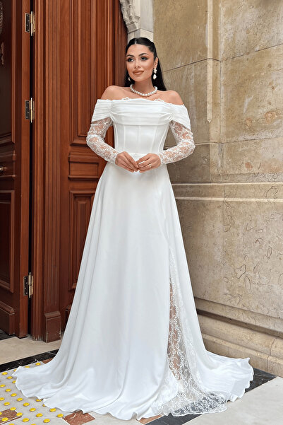 giyimmasalı Crepe Fabric Balen Lace Detailed Evening Dress - White