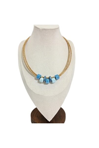 IBU Cork Colier de plută pentru femei cu mărgele ceramice albastre
