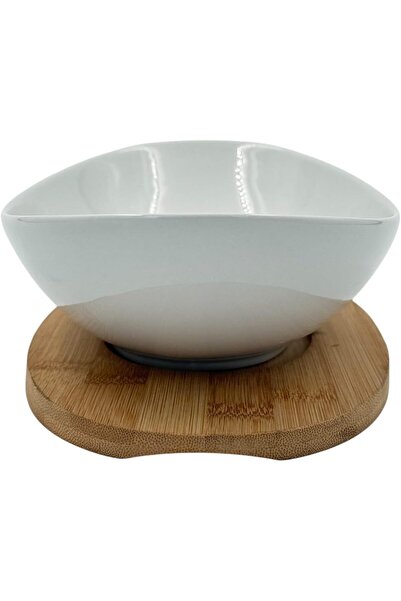 B&D Modern Porcelain Serving Bowl with Bamboo Base (White Ceramic, Oval)