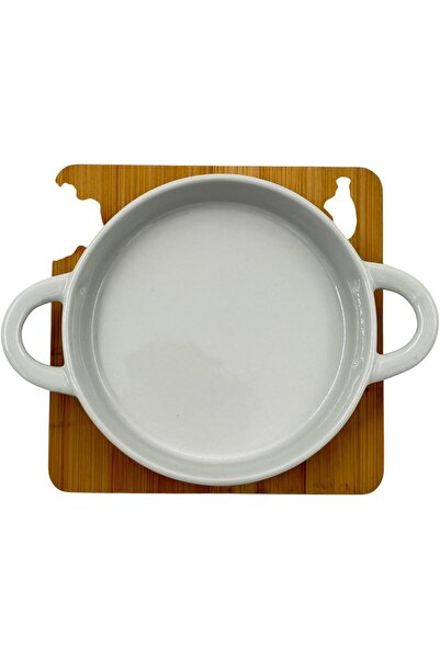 B&D White Ceramic Round Serving & Baking Dish with Double Handles and Bamboo Base (banddtools)