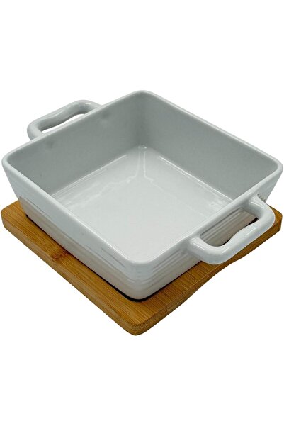 B&D Square Ceramic Baking Dish with Bamboo Base - White Porcelain Casserole with Handles
