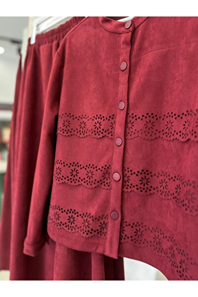 MRM MERAM BUTİK Shoulder Pad Tex Suede Skirt Suit Laser Cut - Bordo - 42