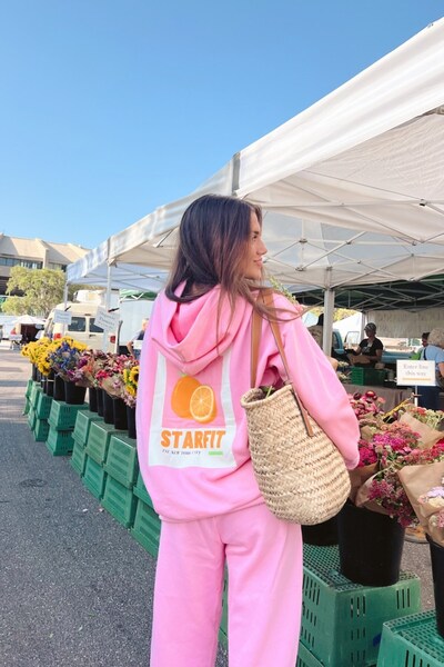 GIA - ART Oversize γυναικεία αθλητική φόρμα ροζ - 3 κλωστές με κουκούλα, πλήρη πορτοκαλί στάμπα