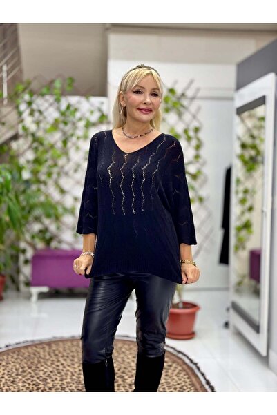 Punta Otantik Nc6071 Italian Fakir Sleeve Zigzag Patterned Thin Knitwear Blouse Black