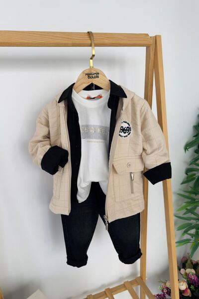 Minigimin Cicileri My Little One's Cicileri Loş Angel Quilted Cardigan 4-Piece Boys' Set - Beige