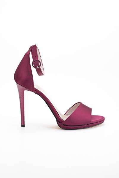 LİLLA Women's High Thin Heeled Burgundy Satin Evening Dress Shoes