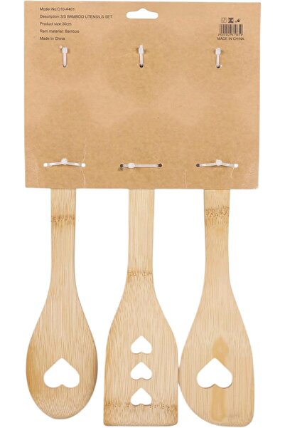 B&D 3-Piece Bamboo Kitchen Utensils Set, Heart-Shaped Design, 30cm Length, Natural Wood Cooking Spoo