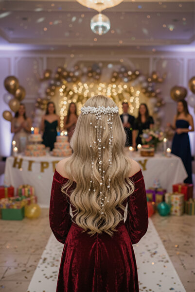 Hayalperest boncuk Pearl and Crystal Embroidered Long Pendant Bridal Hair Accessory – Elegant Wedding & Ceremony Tiara