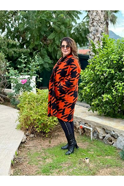 Punta Otantik Yg109261 Seamless Goose Foot Patterned Italian Felt Coat Orange