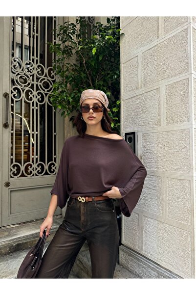 BEJNA Women's Batwing Sleeve Off Shoulder Modal Textured Blouse