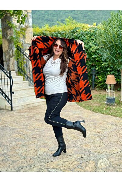 Punta Otantik Yg109261 Seamless Goose Foot Patterned Italian Felt Coat Orange