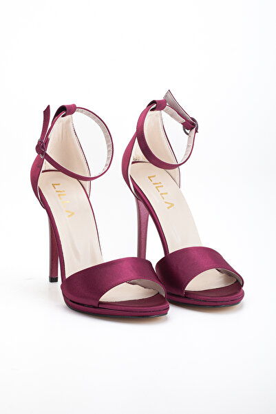LİLLA Women's High Thin Heeled Burgundy Satin Evening Dress Shoes
