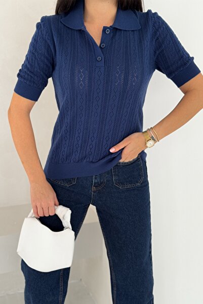 FEMELLE Women's Navy Blue Lace-Like Knit Polo Neck Slim Knitwear Blouse Short Sleeve Standard Size
