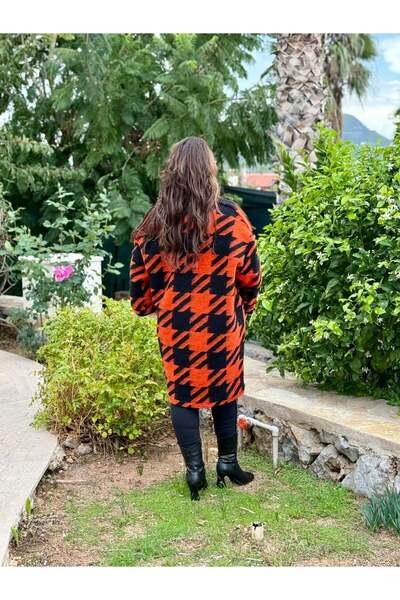 Punta Otantik Yg109261 Seamless Goose Foot Patterned Italian Felt Coat Orange