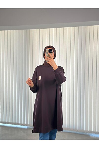 İkoll Kahve Renk Etiket Ve Nakış Detaylı Oversize Kadın Sweatshırt