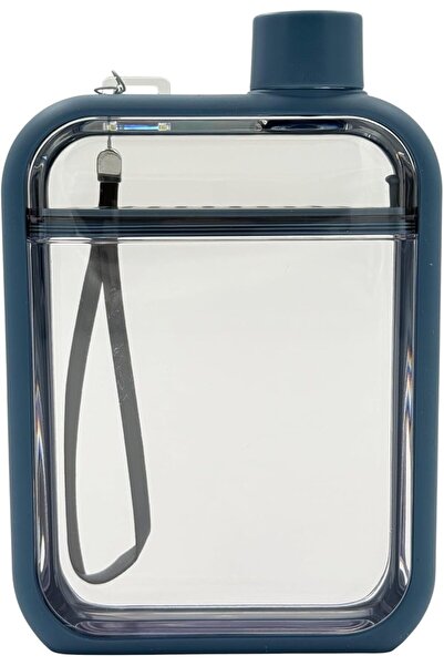 B&D زجاجة مياه فاخرة، زجاج شفاف بإطار أزرق داكن، 370 مل، محمولة مع حزام حمل