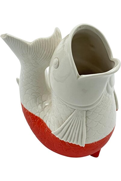 B&D Stoneware Decorative Fish Vase, White and Red, Ceramic Fish-Shaped Container with Scales Pattern