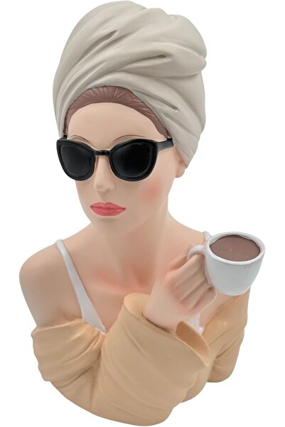 B&D Decorative Ceramic Bust with Sunglasses and Coffee Cup, Vintage Style, 15×12×6 cm