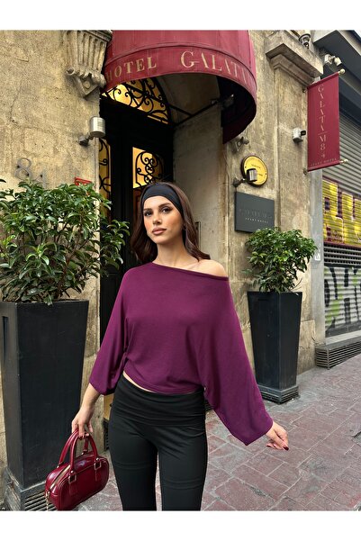 BEJNA Women's Batwing Sleeve Off Shoulder Modal Textured Blouse