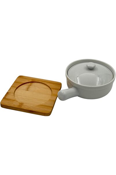 B&D ceramic cooking pot with lid and handle, round light gray pan with bamboo base