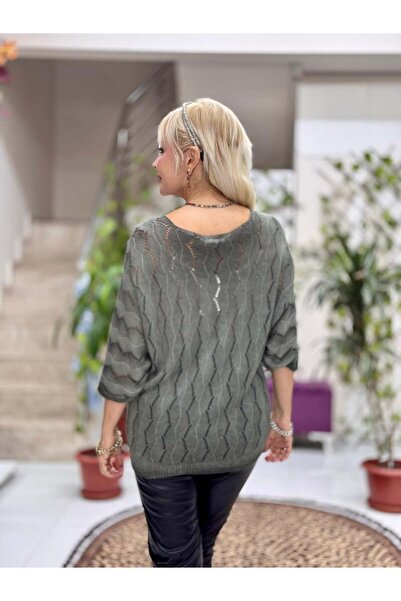 Punta Otantik Nc6071 Italian Fakir Sleeve Zigzag Patterned Thin Knitwear Blouse Green