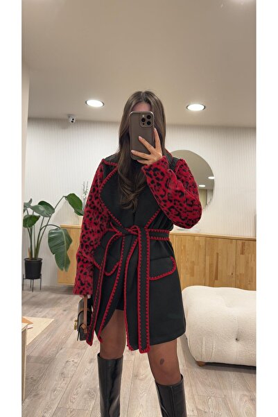 Sep Butik Black Red Embroidered Sleeve Fur Trim Jacket