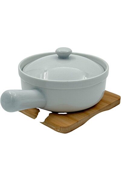 B&D ceramic cooking pot with lid and handle, round light gray pan with bamboo base