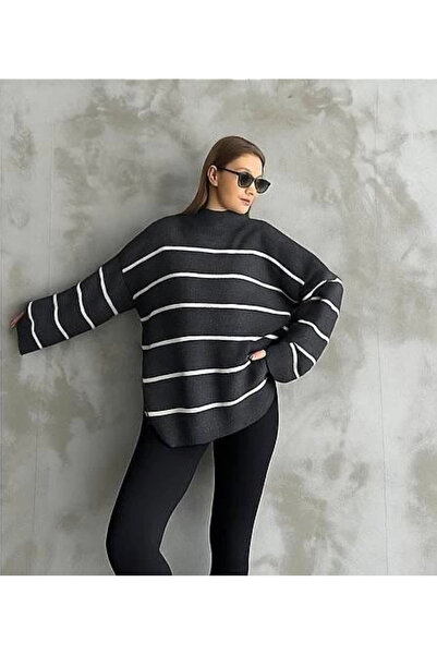 Zerenyus Striped Spanish Sleeve Knitwear High Neck Sweater Anthracite