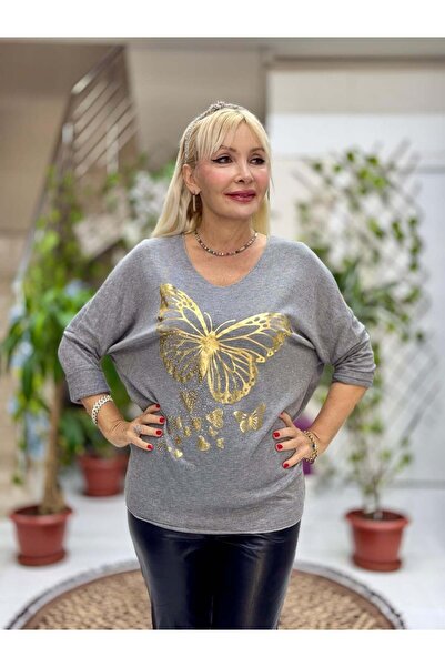 Punta Otantik Yg59100 Italian Stone and Butterfly B Printed Knitwear Blouse Gray