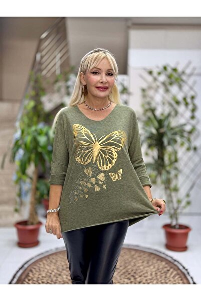 Punta Otantik Yg59100 Italian Stone and Butterfly B Printed Knitwear Blouse Khaki