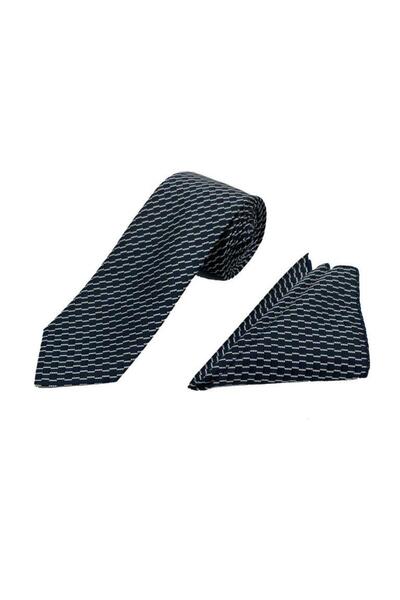 Brianze 7 cm Navy Blue and White Patterned Tie and Handkerchief Set