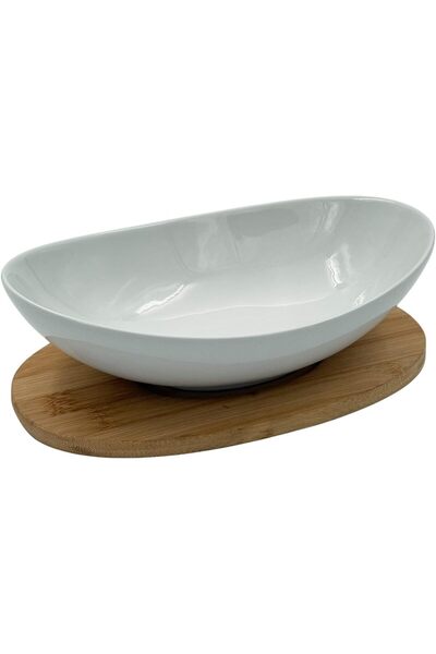 B&D Modern Porcelain Serving Bowl with Bamboo Base (White Ceramic, Oval)