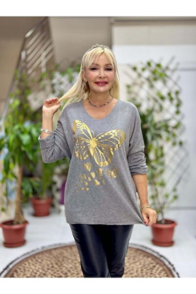 Punta Otantik Yg59100 Italian Stone and Butterfly B Printed Knitwear Blouse Gray