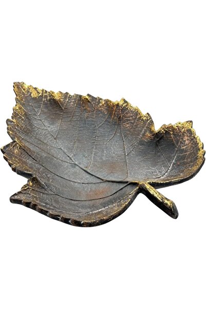 B&D Decorative Vintage Leaf-Shaped Tray, Dark Gray with Gold Accents, Rustic Design, Decorative Catc