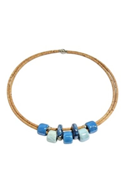 IBU Cork Colier de plută pentru femei cu mărgele ceramice albastre