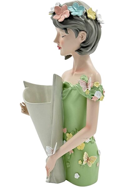 B&D Decorative Ceramic Statue, Vintage Holiday Collectible, Green Dress with Butterflies & Flowers,